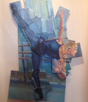 Dancer in arabesque pose surrounded by overlapping fragments of architectural and urban imagery in cool blues and grays.