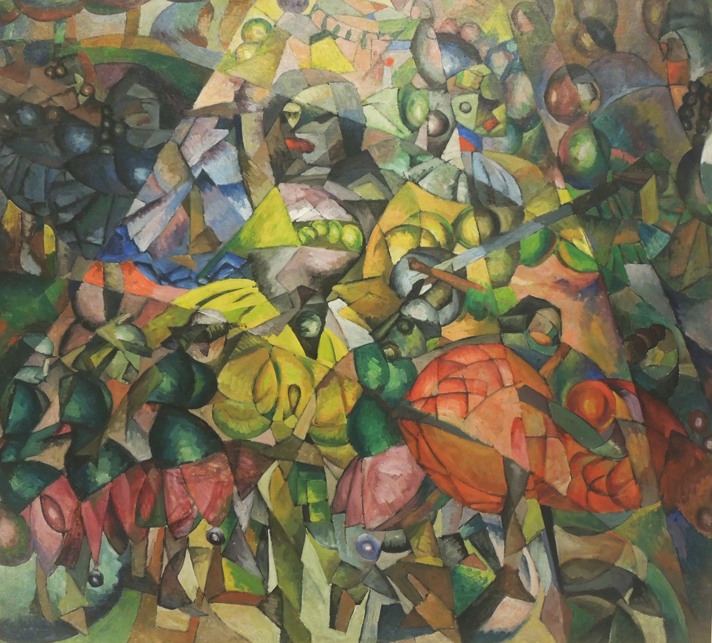 Cubist painting of ballet dancers in fragmented, overlapping forms colored in yellows, greens, reds, and flesh tones with bold black outlines.