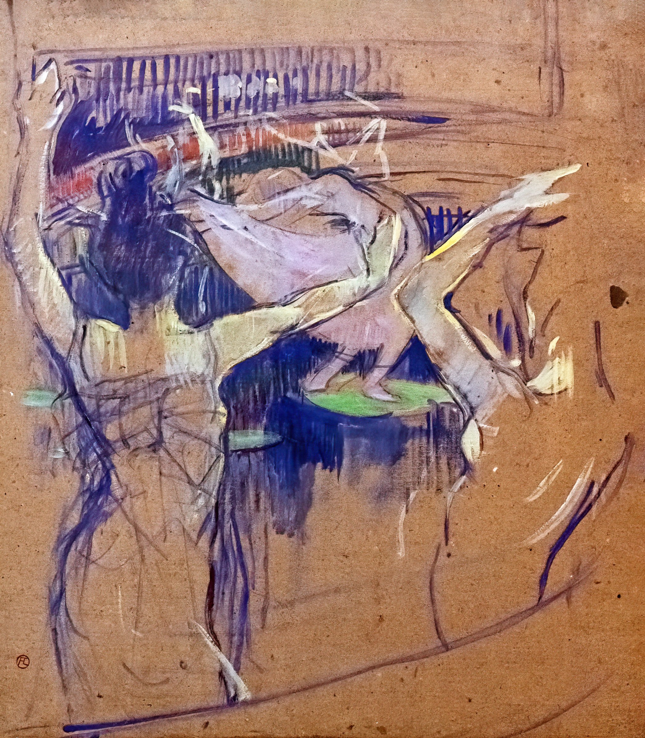 Watercolor of a female ballet dancer in a pale lavender tutu and pointe shoes, captured mid-turn against loose purple hatching on brown paper.