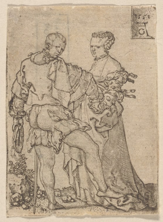 Renaissance engraving showing a young couple facing each other with a winged cherub between them, surrounded by scattered fruits and flowers.