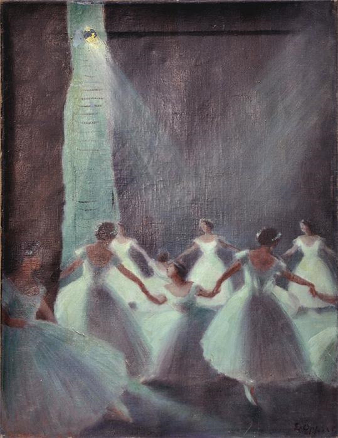 Five ballerinas in white tutus stand in a semicircle within a shadowed architectural space, illuminated by a pale green shaft of light from above.