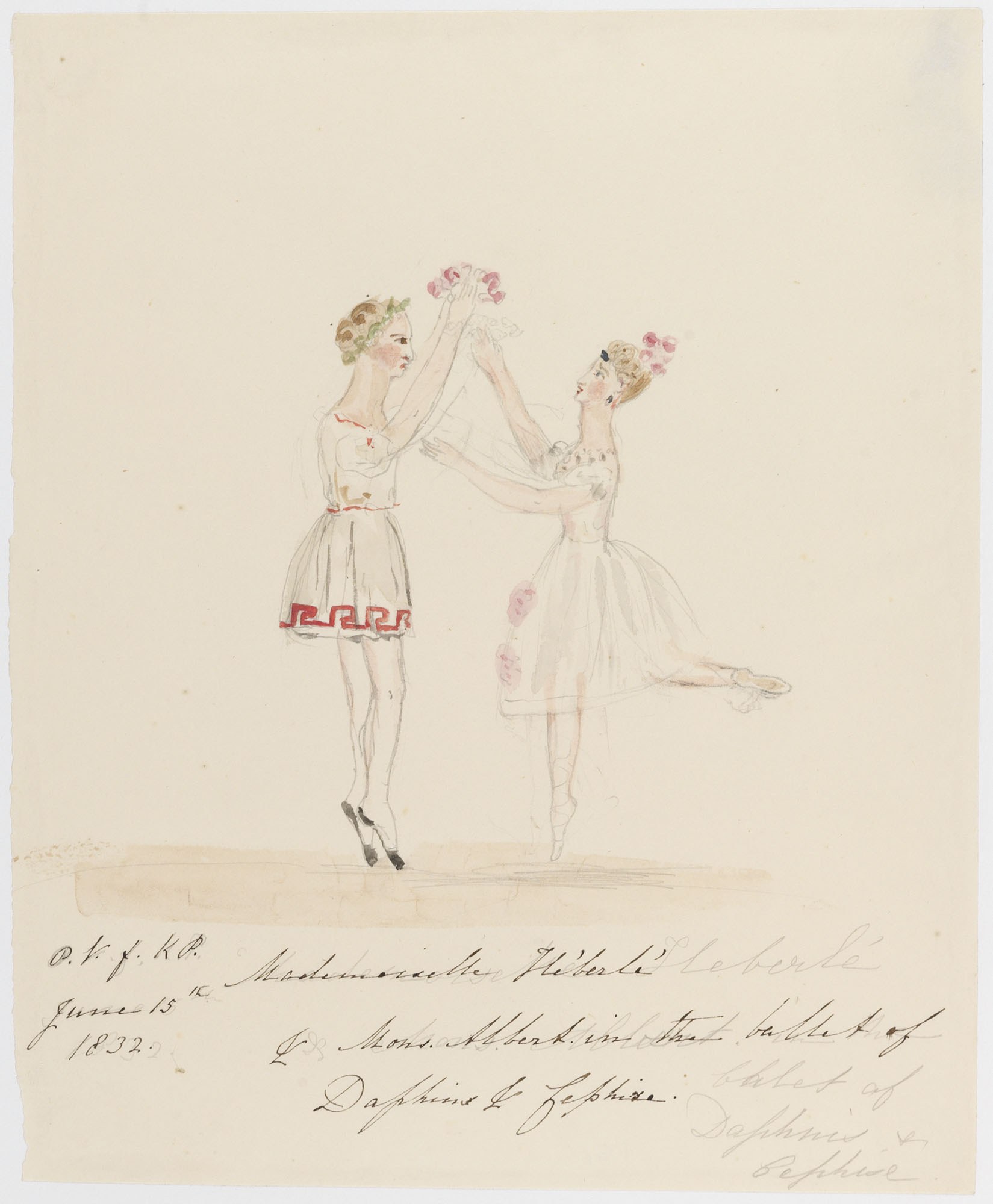 Two female classical ballet dancers in white tutus and flower headdresses hold a gauzy veil between them in a watercolor sketch dated 1832.