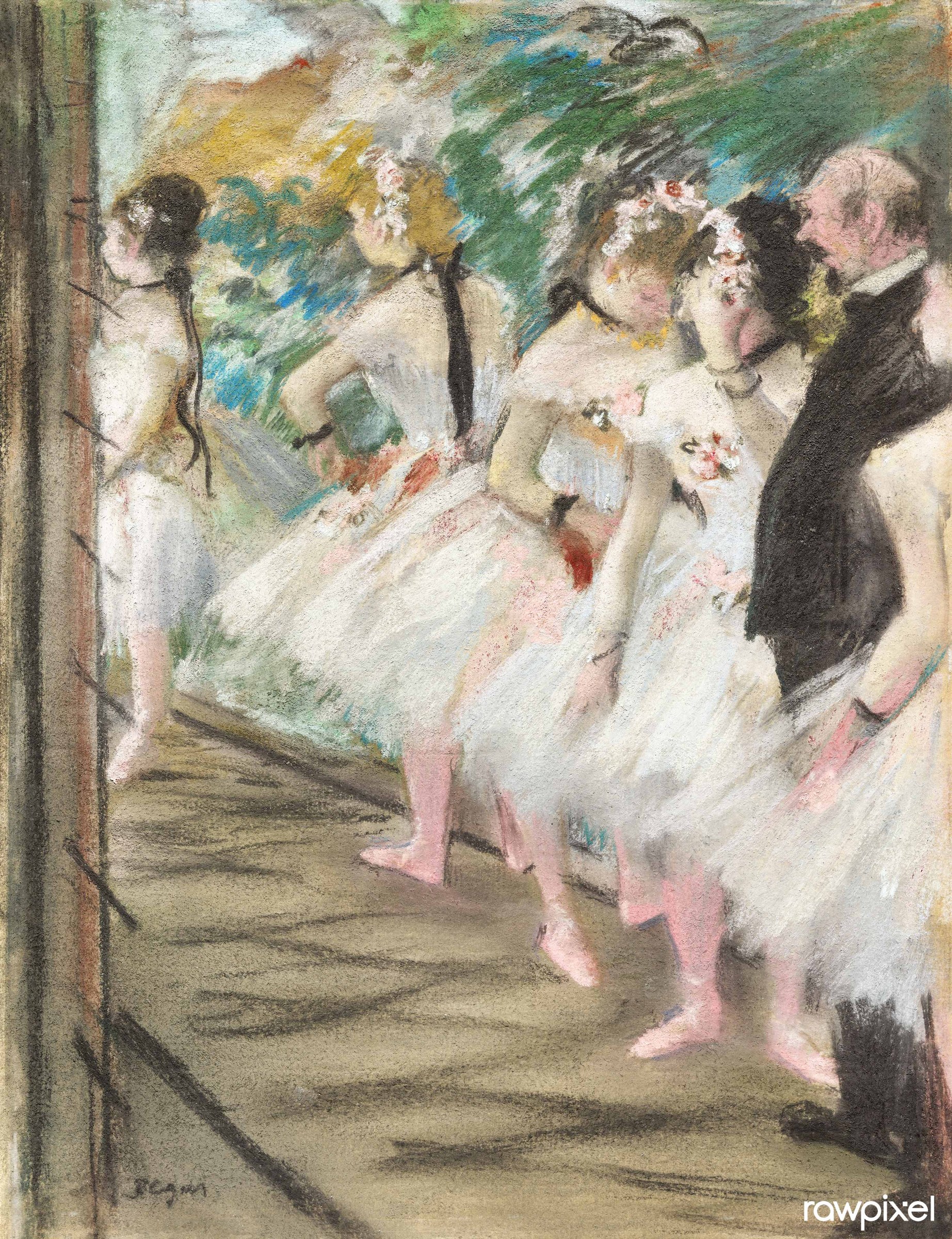 Ballet dancers in tutus wait on a stage lit in warm gold and green, watched intently by three men in dark suits.