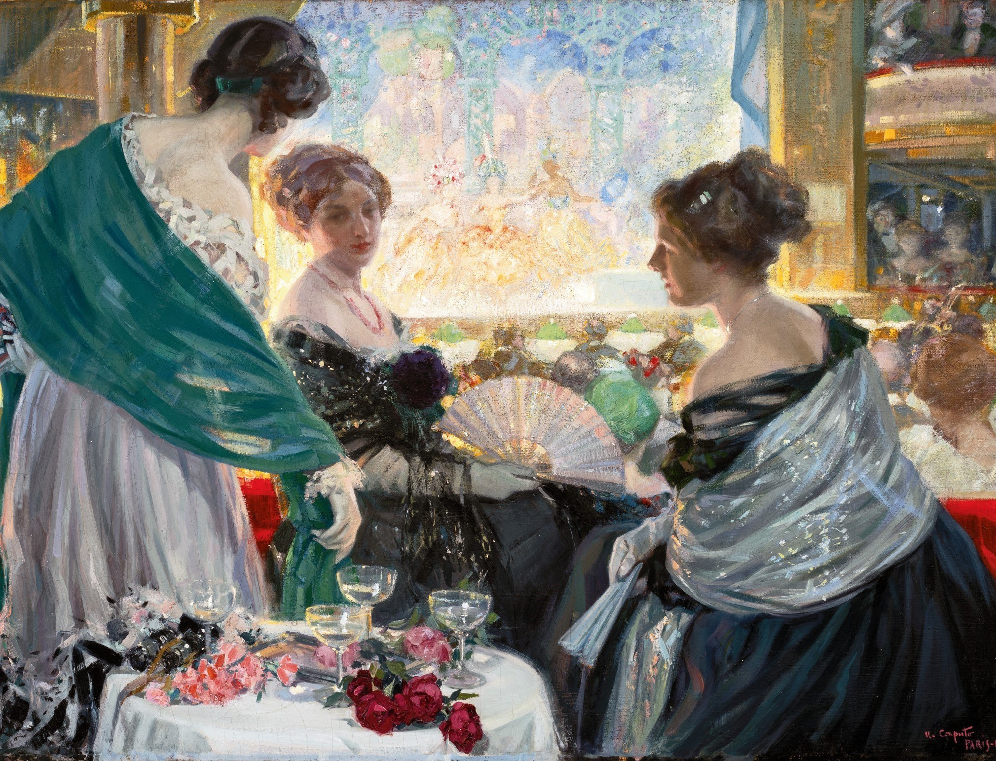Three elegantly dressed women converse in a theatre box, bathed in golden light, with a distant crowd visible behind them.