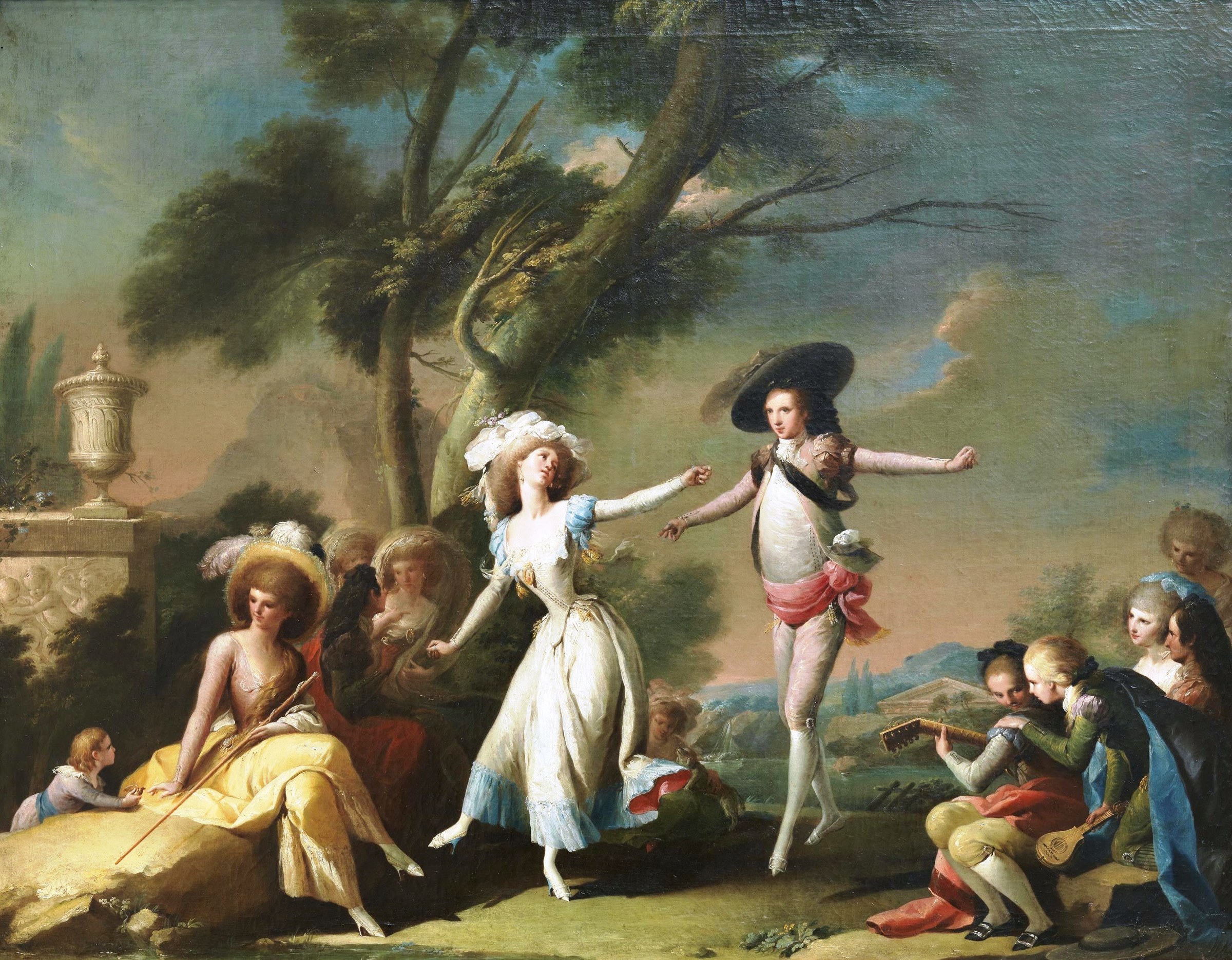 A woman in white muslin and a man in breeches dance with arms extended in a rococo garden, watched by seated and standing spectators and a musician with a