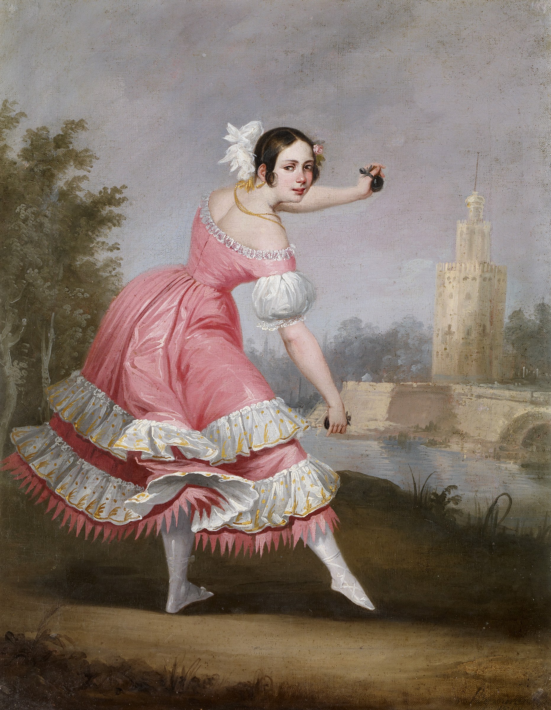 Woman in rose-pink dress with white sleeves performs a bolero, twisting with left arm raised, against a romantic landscape with tower.