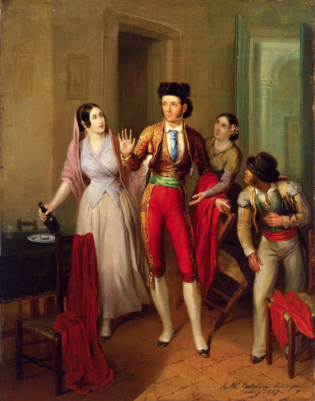 Man in gold bullfighting jacket raises his hand in farewell while three figures watch in a pale interior, with red fabric draped over chairs.