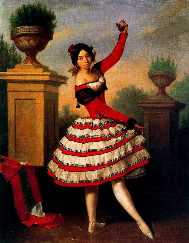 A woman in a red and cream striped skirt performs a turn in a Neoclassical garden, one arm raised overhead.