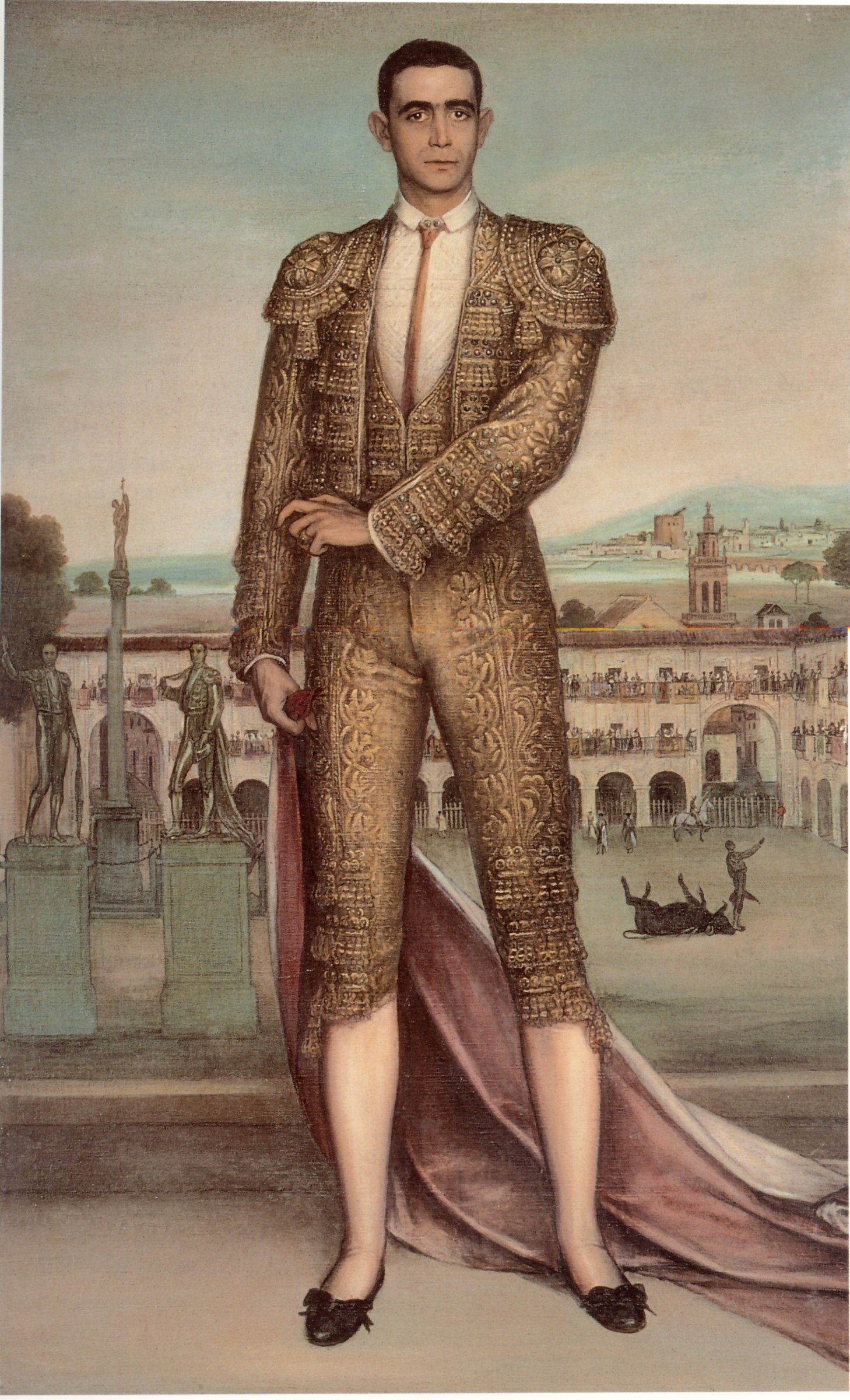 A man in an ornate embroidered gold suit and burgundy cape stands alone in a Spanish bullring, gazing outward in triumph.
