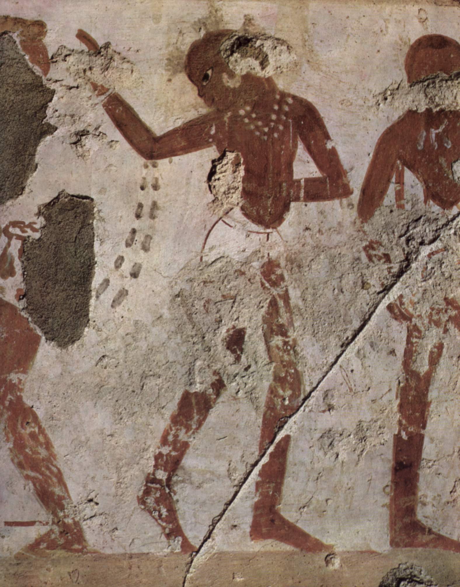 Egyptian tomb painting fragment showing a standing man with raised arm dispersing material downward, flanked by two witnesses.