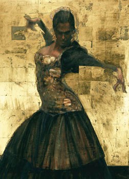 A female flamenco dancer in a fitted bodice and full black skirt, twisting mid-movement with arms extended, against a weathered gold and cream background.