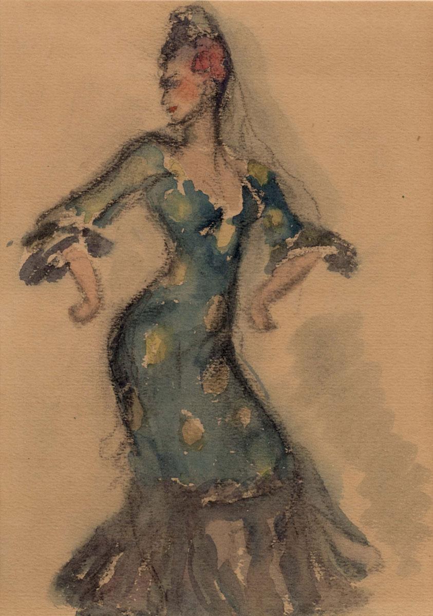 A female flamenco dancer in a teal dress with extended arms, shown mid-turn in a watercolor painting.