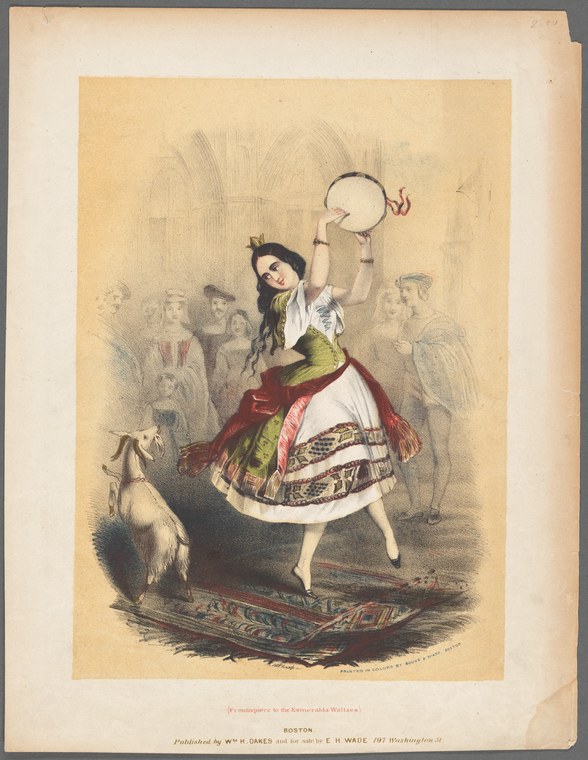Colored lithograph of a woman in red and cream costume posed en relevé, holding a tambourine aloft, in a theater setting with shadowy spectators behind her.