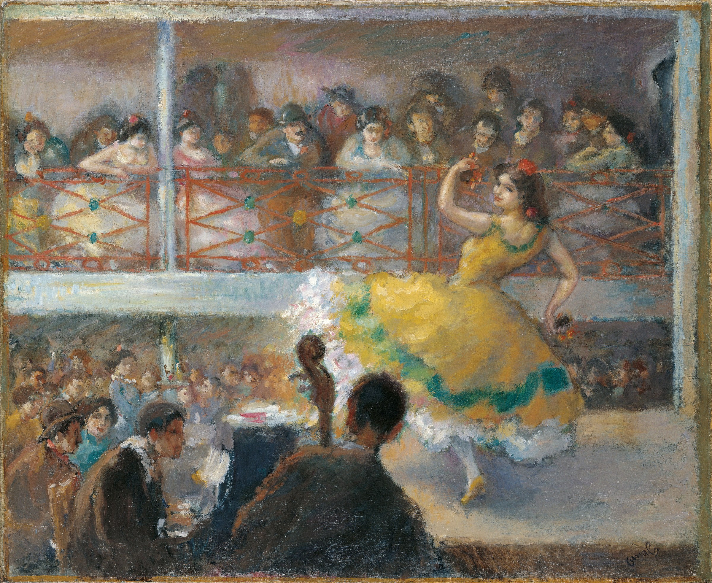 A woman in a yellow dress with raised arm performs before a crowded music-hall audience, painted in warm tones and loose brushwork.