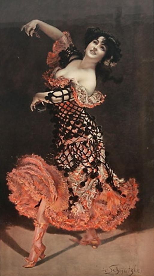A female flamenco dancer in a coral and black tiered costume arches backward with her right arm raised, captured in a moment of dynamic, exuberant movement.