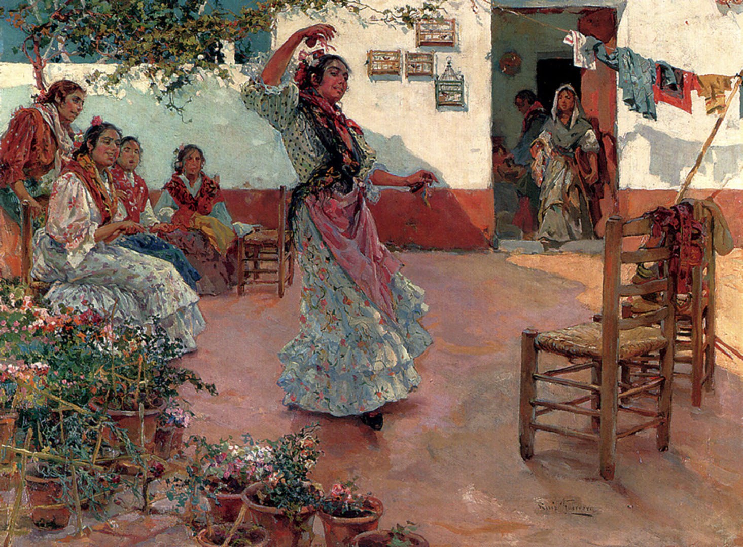Woman in pink ruffled flamenco dress dances in a sunlit courtyard while seated onlookers watch from the shadows.