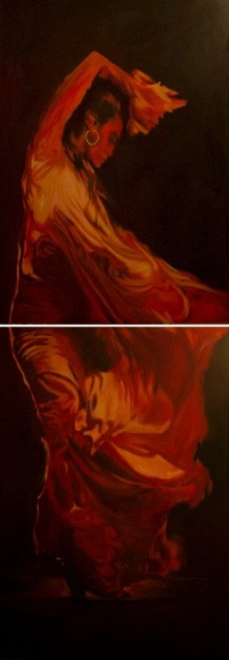 Oil painting of a flamenco dancer in red and gold garment, arching and folding the torso against a dark background.