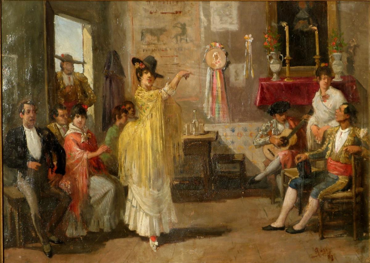 Woman in yellow dress dances alone in modest interior, surrounded by seated onlookers in 19th-century dress.