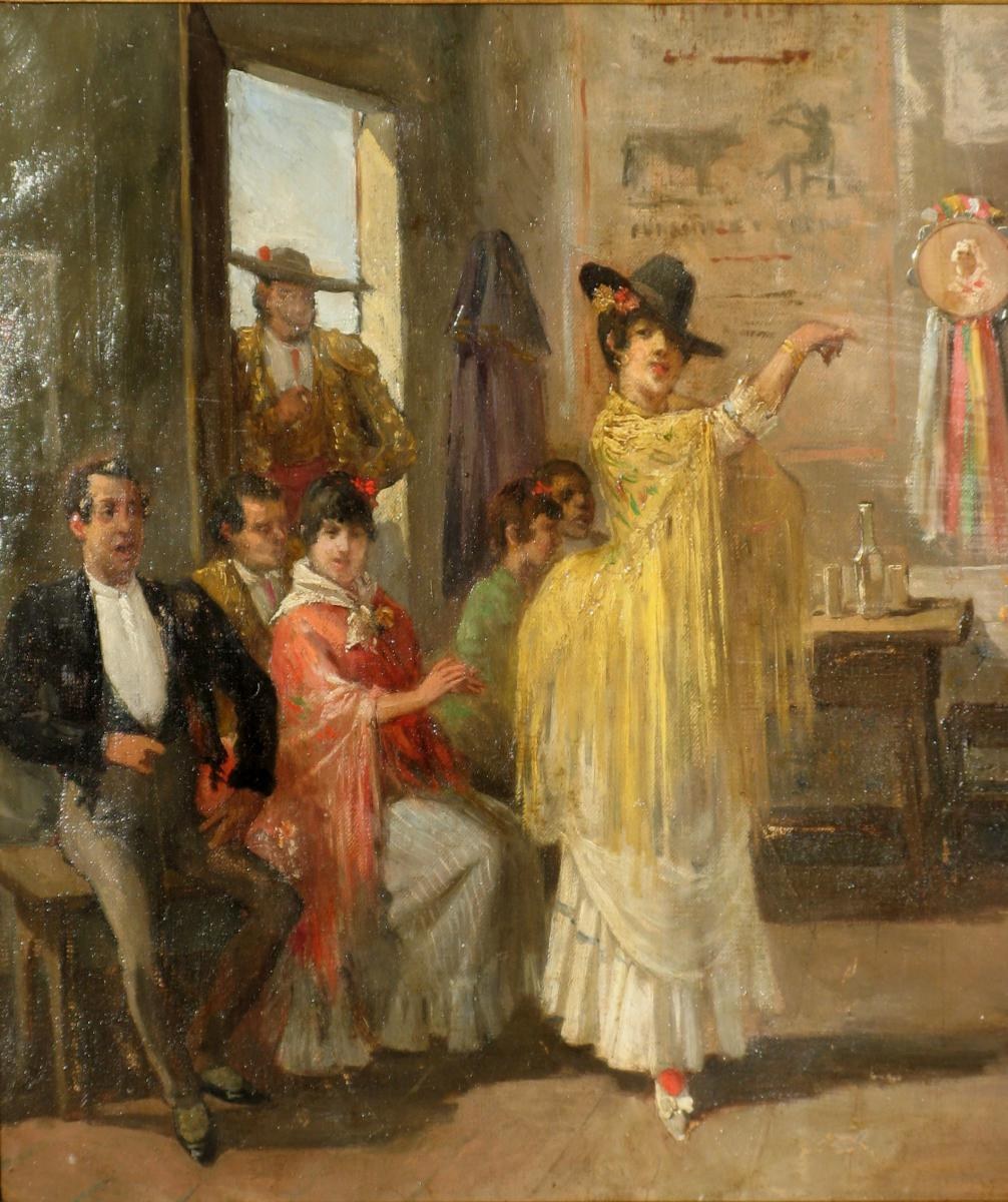 Woman in yellow dress leans backward with extended arm, surrounded by five onlookers in a modest room with doorway to bright exterior.