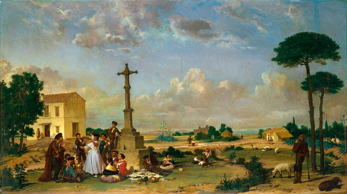 A 19th-century painting of a large group of Spanish villagers gathered around a stone wayside cross under a cloudy sky, with a house and pine trees framing the