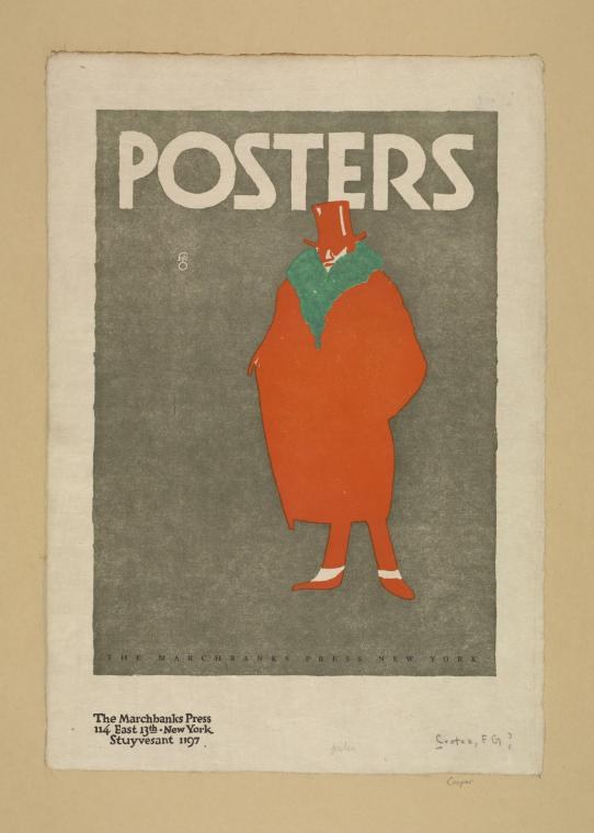 Stylized figure in orange-red coat and red hat, standing frontally against gray-green background, modernist poster design, 1907.