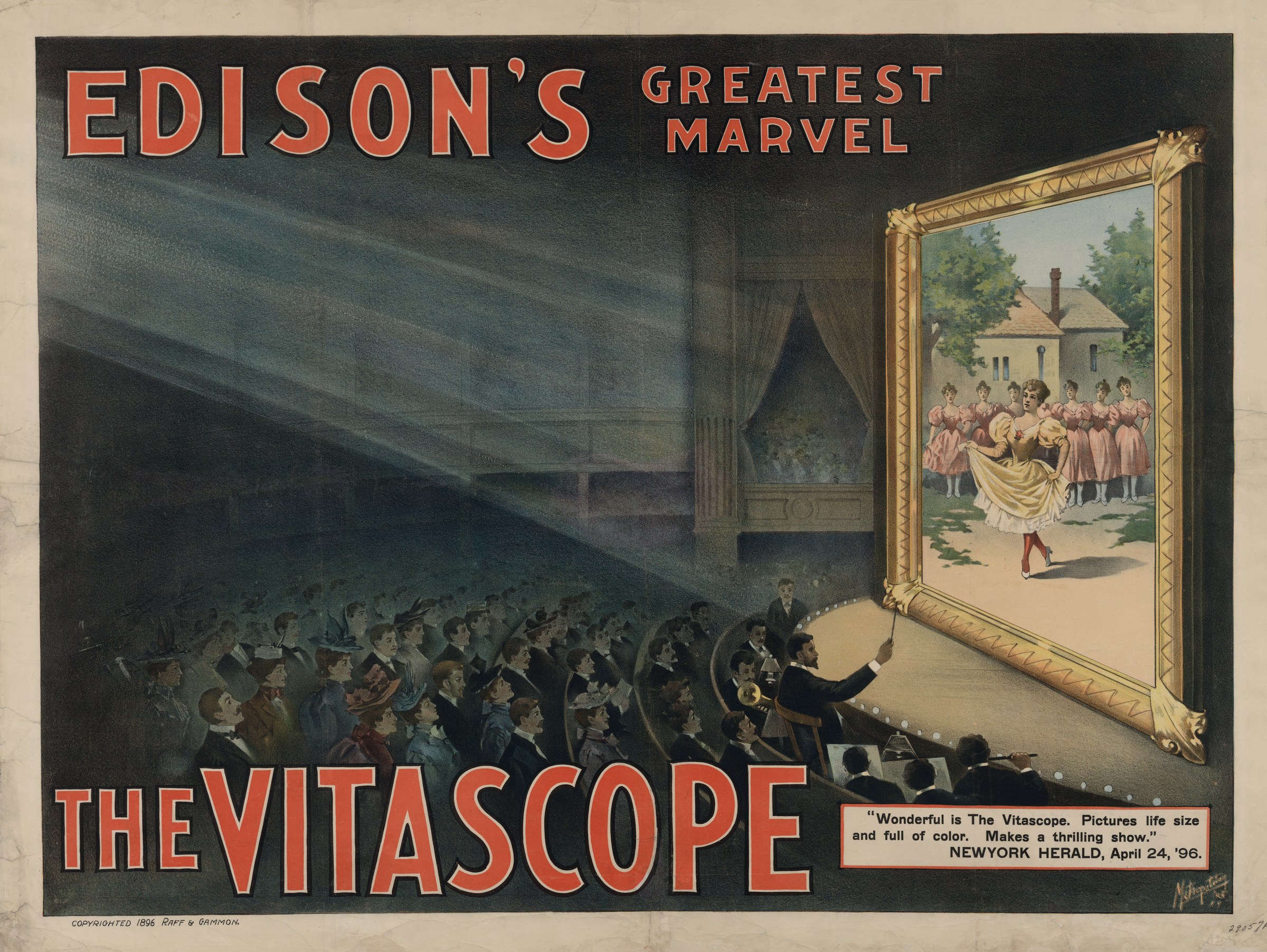 1896 chromolithograph poster for Edison's Vitascope showing silhouetted audience gazing upward at a framed scene of a woman in yellow dancing with spectators