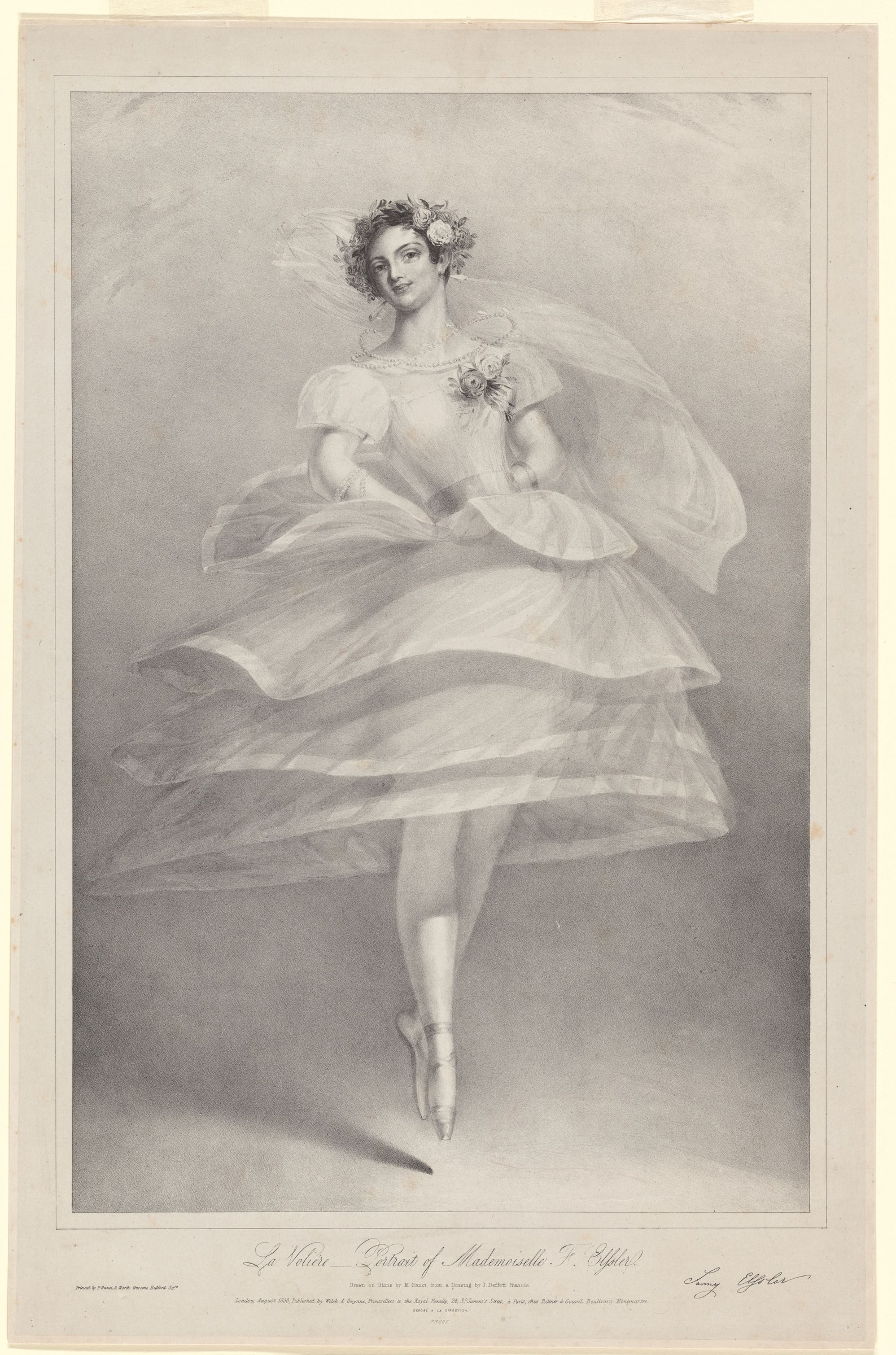 A ballerina in a white tutu and flowers poised on one leg in an arabesque, arms softly raised, against a neutral ground.