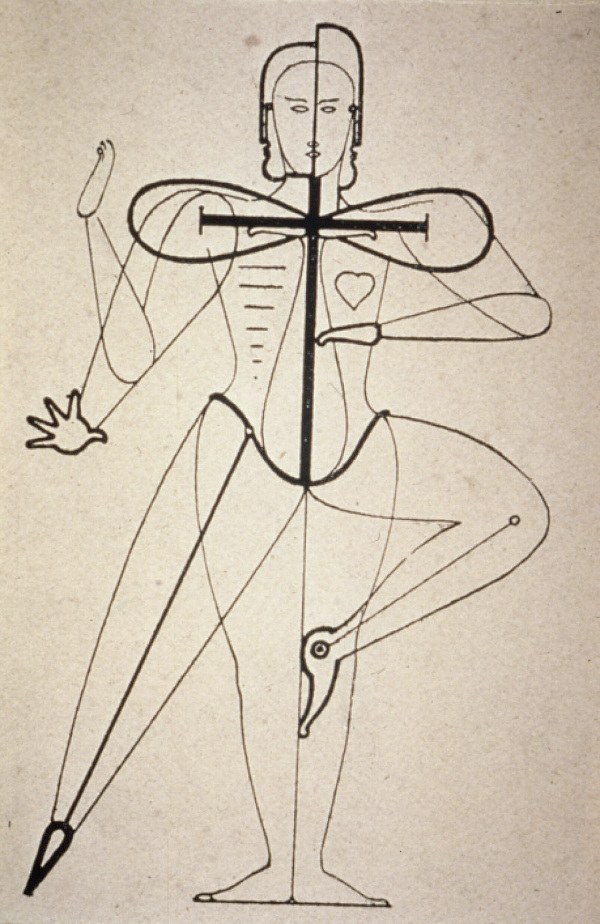 Pen-line drawing of a single figure with extended arms, a geometric costume marked with a heart, a doubled head profile, and one leg extended back in a pointed