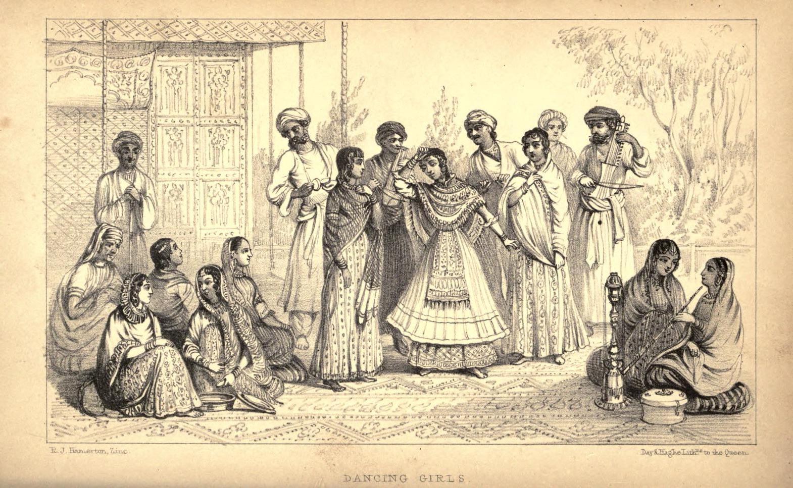 A standing dancer in ornate embroidered costume and necklace faces forward in a formal courtyard, flanked by musicians and attendants, with seated women