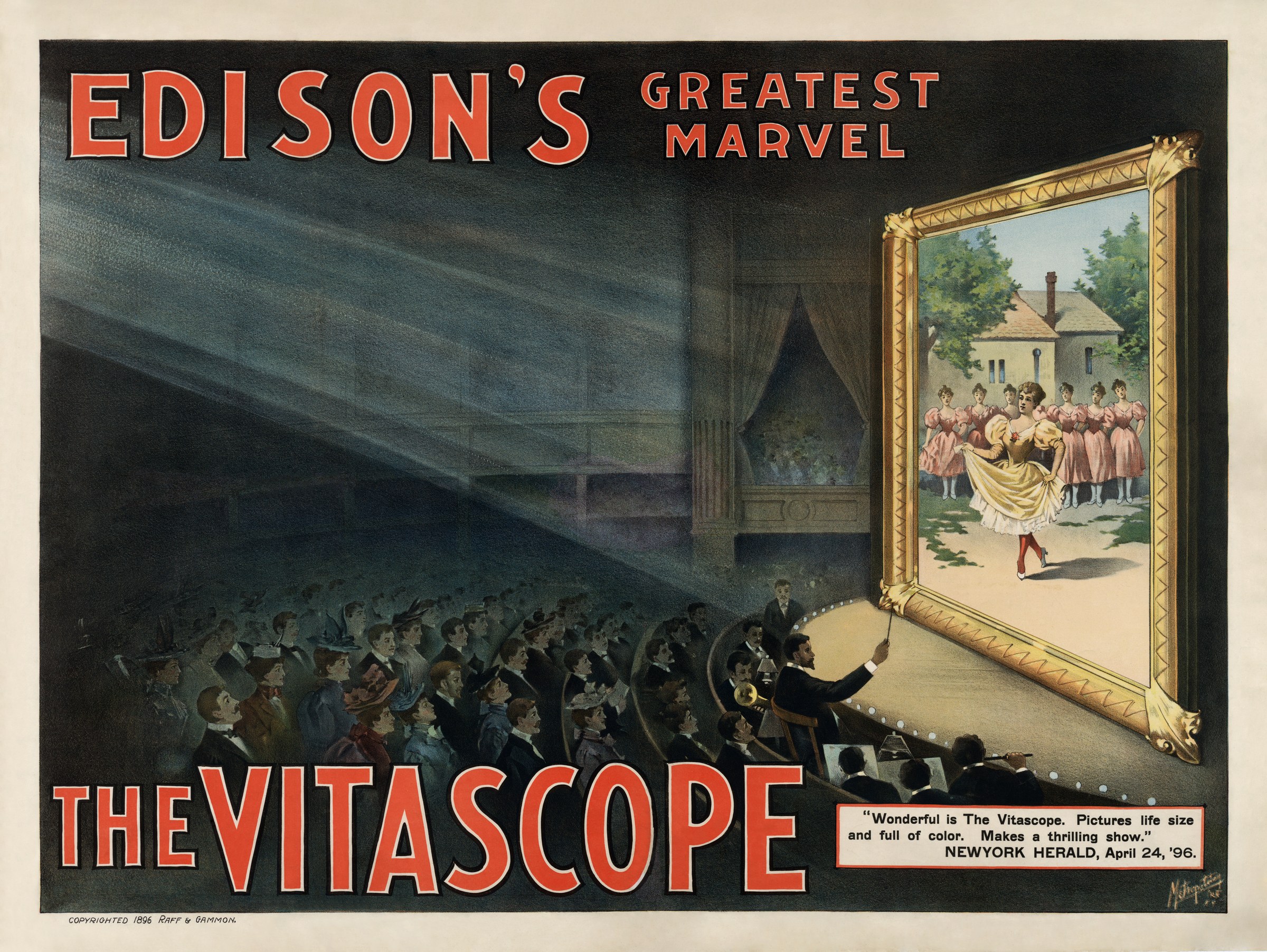Chromolithographic poster showing darkened theatre with seated audience watching a large framed screen displaying women dancers in pale dresses before a house.