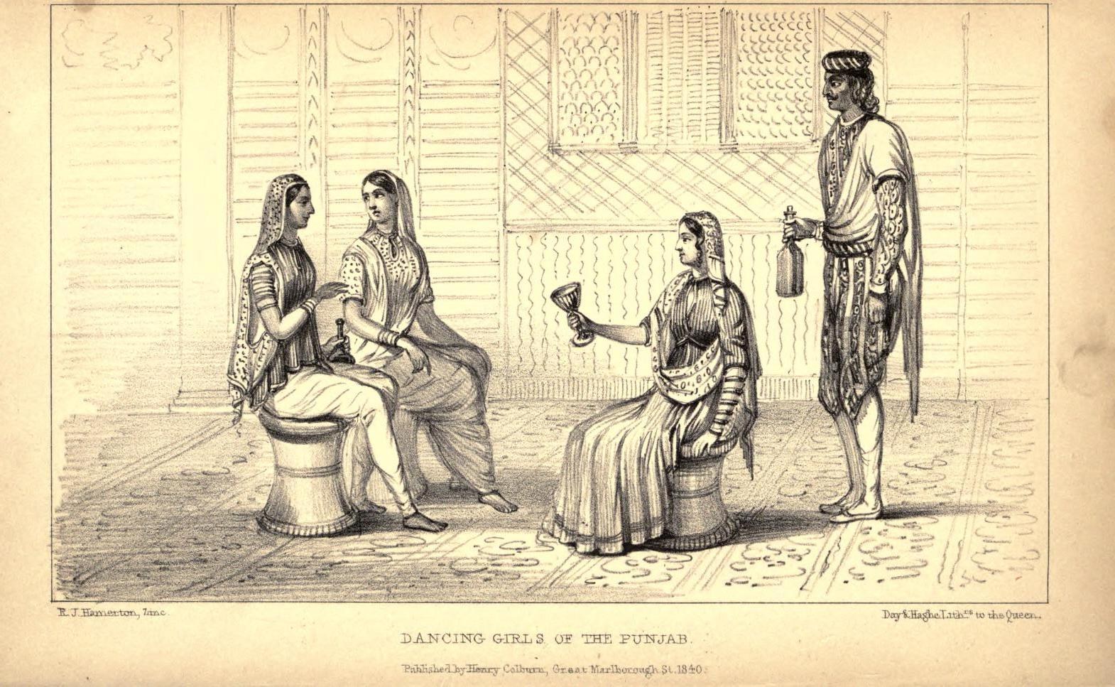 Four Punjabi women in decorated dress sit and kneel in an ornate interior; a standing man observes. Lithograph, circa 1840.