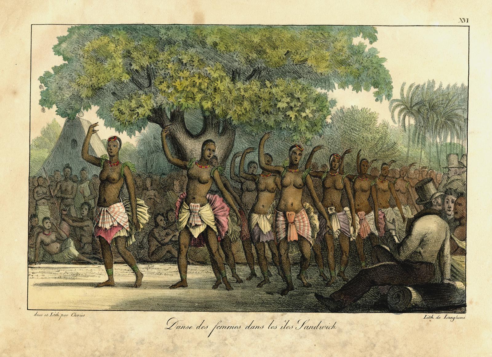 Seven Hawaiian women in wrapped skirts and whitened-front hair perform raised-arm dance before seated European men in suits and a watching crowd beneath a