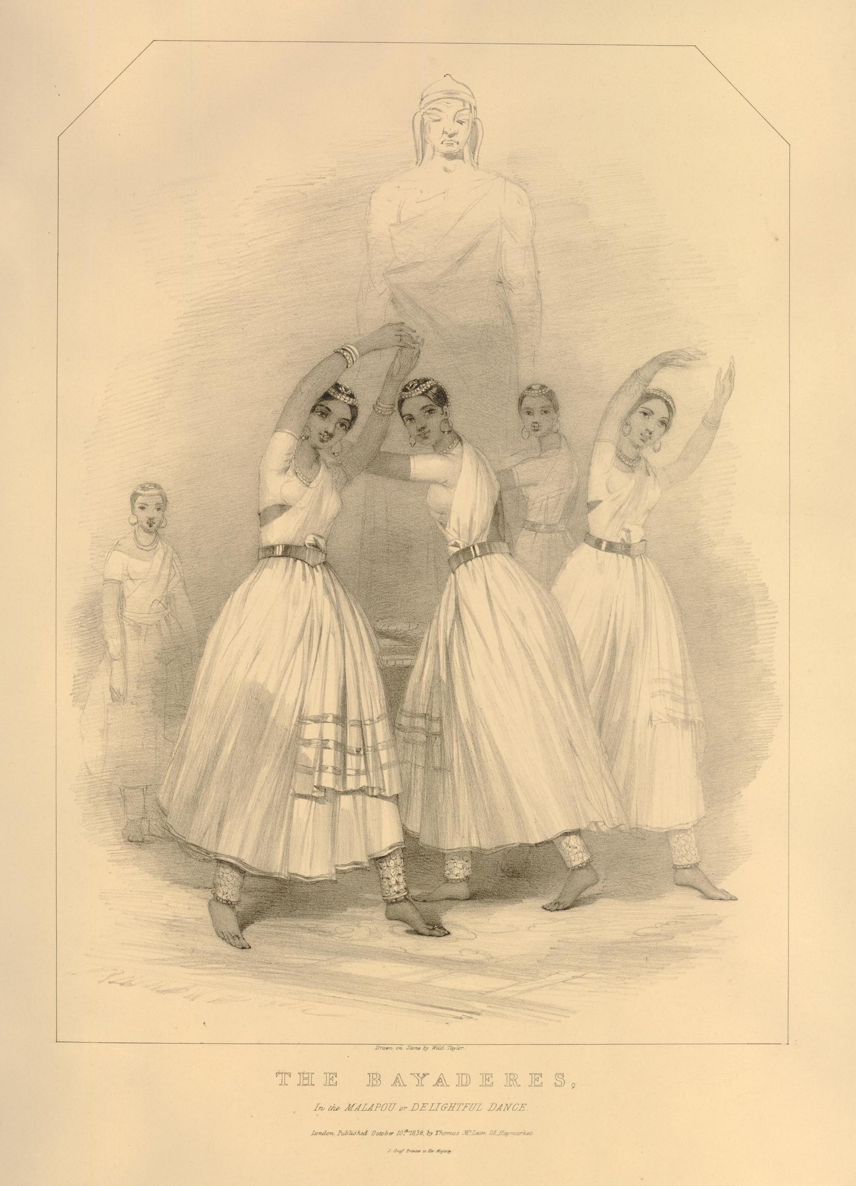 Four young women in white muslin skirts and fitted bodices raise their arms in synchronized arcs overhead, leaning backward in unison. A pale classical statue