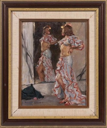 Woman in patterned gown studies herself in a mirror, one hand raised, reflected in the glass behind her.