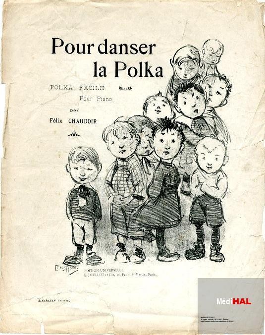 Eight cheerful children in late 19th-century dress arranged in a loose pyramid on the cover of a piano score labeled Pour danser la Polka.