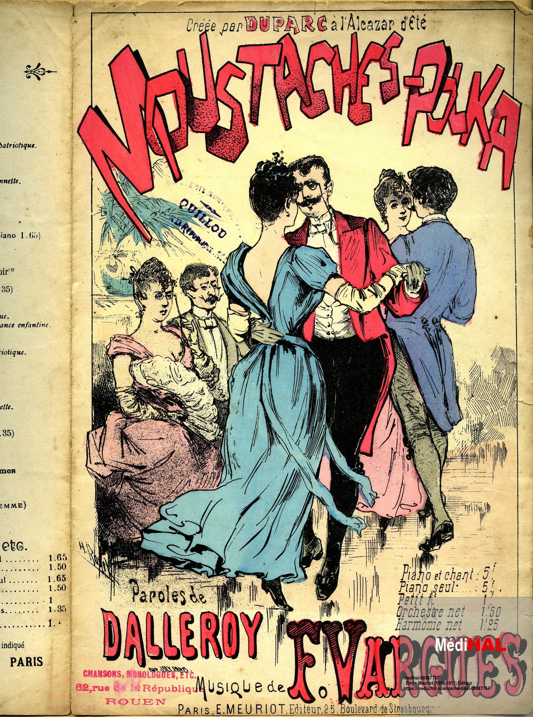 Color lithograph of six fashionably dressed figures in a parlor, centered on a mustachioed man in a red jacket surrounded by animated women in blue and pink