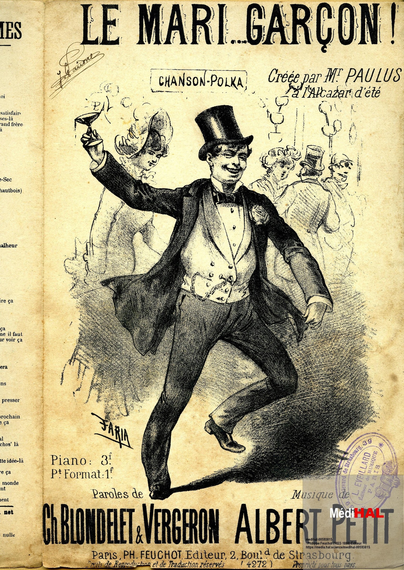 A man in tailcoat and top hat leaps high with one leg extended, arms spread, mouth open, as an audience watches from behind.