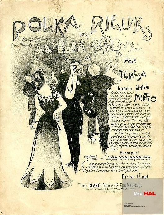 Pen-and-ink Art Nouveau illustration of three people in formal 1900s dress dancing a polka, surrounded by sketched laughing faces.
