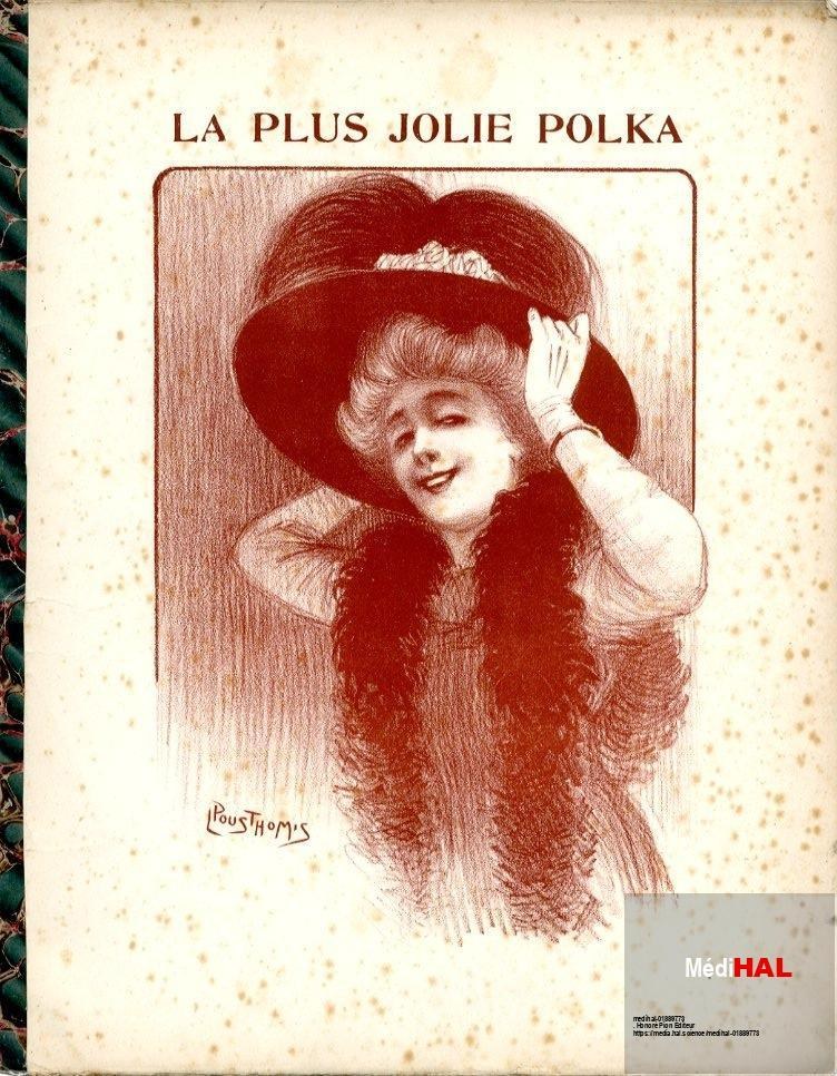 Monochrome illustration of a fashionable young woman in a feathered hat and fur stole, hand raised to her hat, smiling at the viewer.