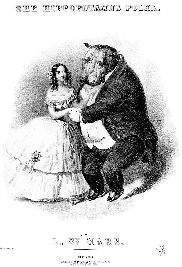 A hippo in formal coat and waistcoat dances with a young woman in a white ball gown, positioned as partners in a polka.
