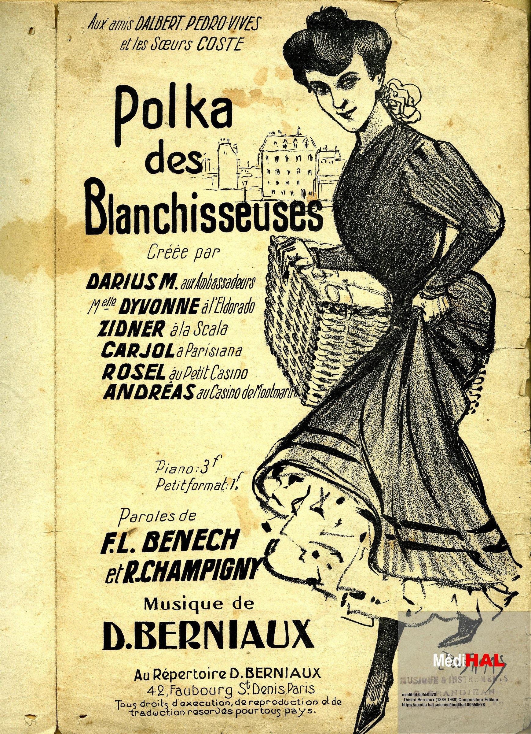Woman in Edwardian dress holding a laundry basket, illustrated cover of a 1906 Parisian sheet music for the Polka des Blanchisseuses