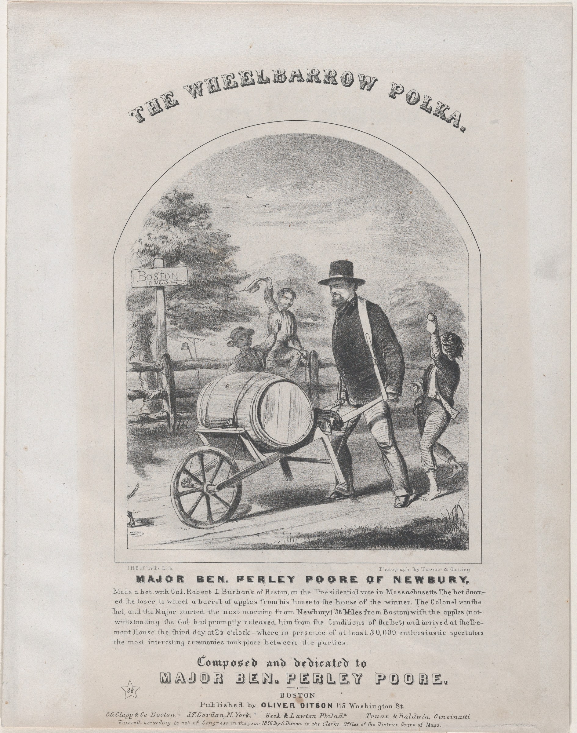 Wood engraving of two women and a gentleman beside a wheeled barrel marked 'Boston,' in a rural landscape with a signpost.