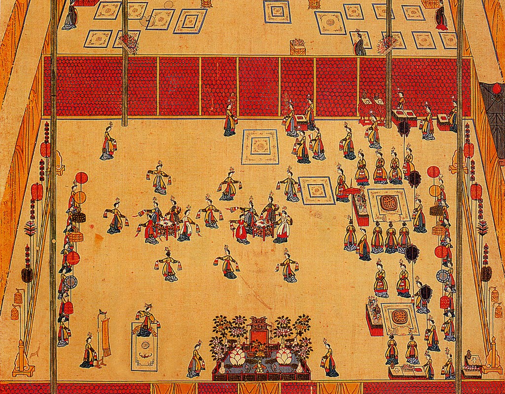 Bird's-eye view of a Korean imperial court ceremony in 1902, with officials in formal dress arranged in a palace courtyard around a central ceremonial dais.