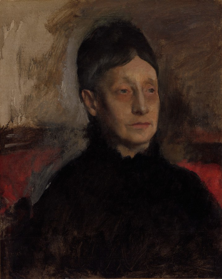 Woman in black mourning dress seated in profile, gazing away from viewer, painted in muted browns and grays.