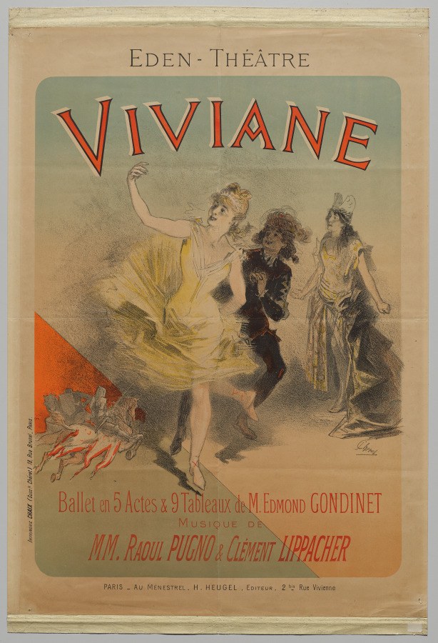 Theatrical poster for Viviane ballet: a woman in a yellow gown leaps upward with arms raised, surrounded by three other figures in soft tones.