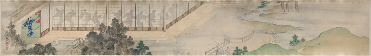 A Japanese ink handscroll showing silhouetted figures dancing behind latticed pavilion screens, with misty landscape beyond.