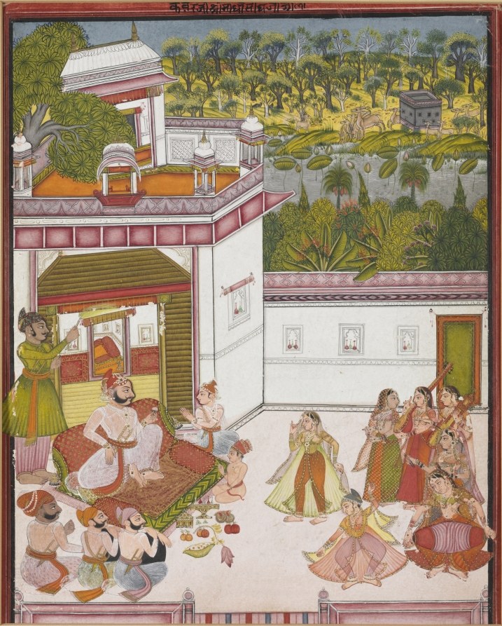 Mughal palace cutaway showing maharaja reclining while formally dressed women perform in courtyard, landscape beyond.