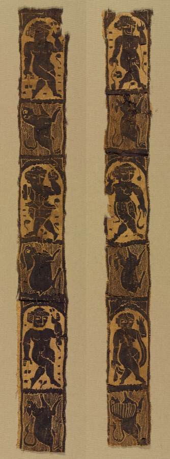 Two vertical tapestry bands with alternating panels of silhouetted dancing figures, animals, and seated or crouching humans in compartmentalized arches.