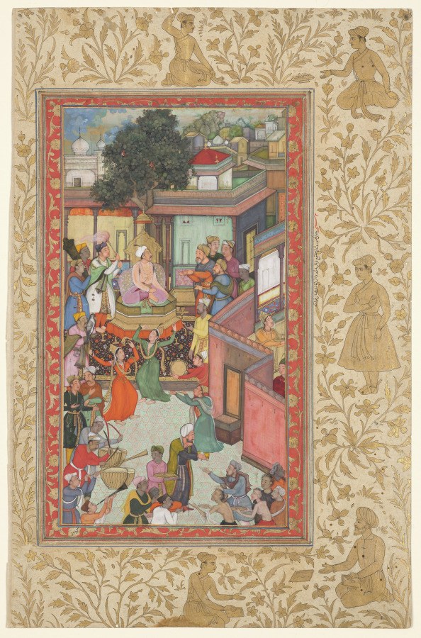 Mughal manuscript scene showing Emperor Akbar seated centrally in a palace as Turkish dancers in tall hats perform among hundreds of courtiers during a 1573