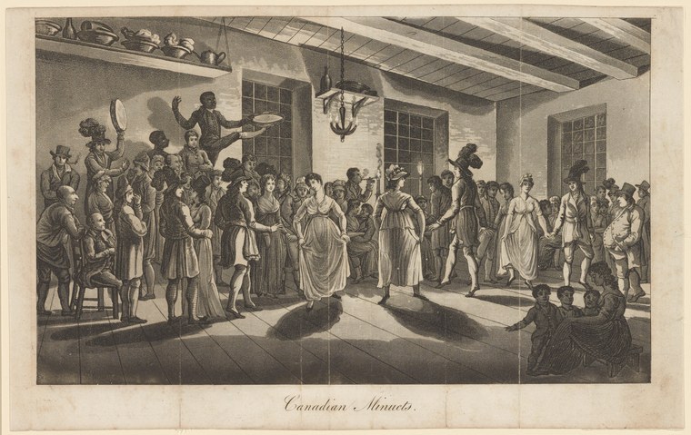 Engraving of a formal indoor gathering with dozens of figures in neoclassical dress, arms extended in stately poses, under a trident symbol.